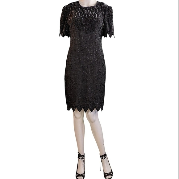 Vintage Lawrence Kazar Beaded Silk Cocktail Dress 90s BEAUTIFUL! - Picture 1 of 17